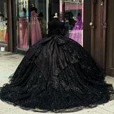 Off-Shoulder Ball Gown with Floral Appliques Beaded Bow & Tiered Tulle Skirt Perfect for Quinceanera or Sweet 16